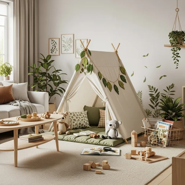 Nature-Themed Kids Play Corner With Indoor Tent
