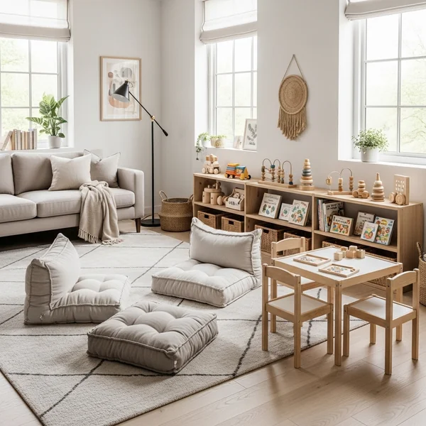 Minimalist Play Corner With Soft Floor Cushions and Low Shelves