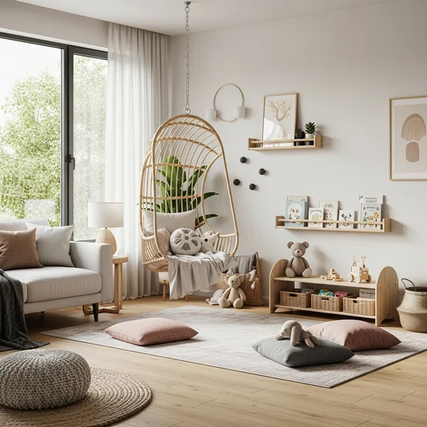 Play Corner With Hanging Swing Chair and Soft Rug