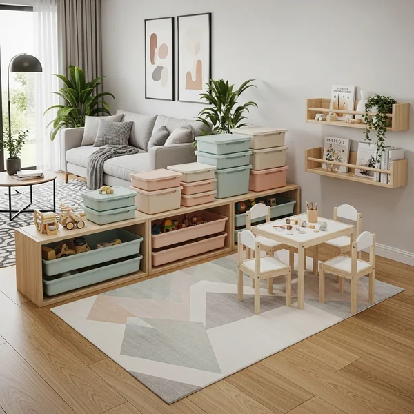 Color-Coordinated Play Corner With Stackable Toy Storage