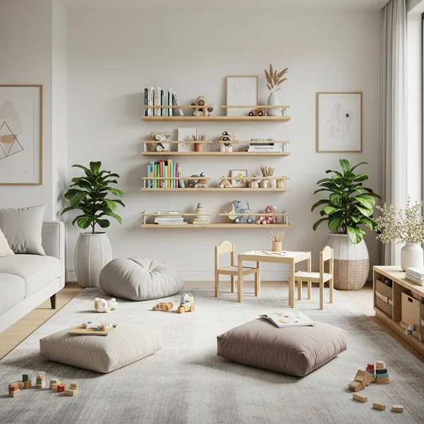 Floating Shelves Play Corner With Cozy Reading Area