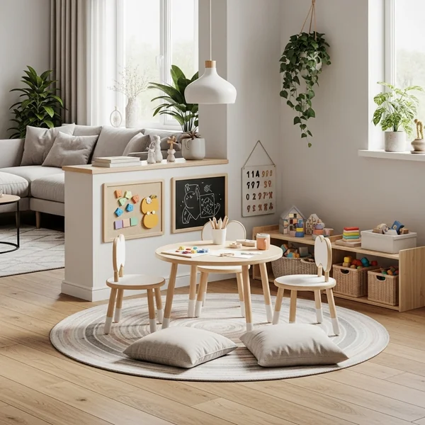 Play Corner With Low Round Table and Interactive Wall Panels