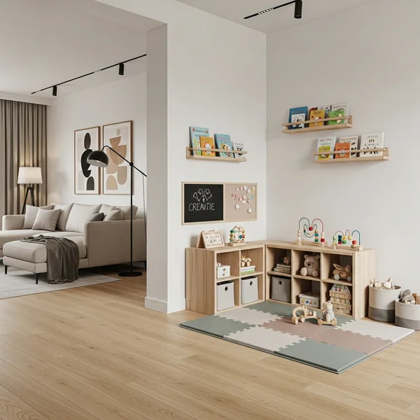 Modern Minimalist Kids Play Corner With Wall-Mounted Storage