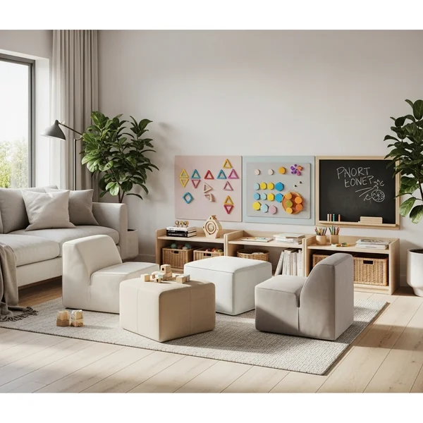 Play Corner With Soft Modular Seating and Interactive Play Wall