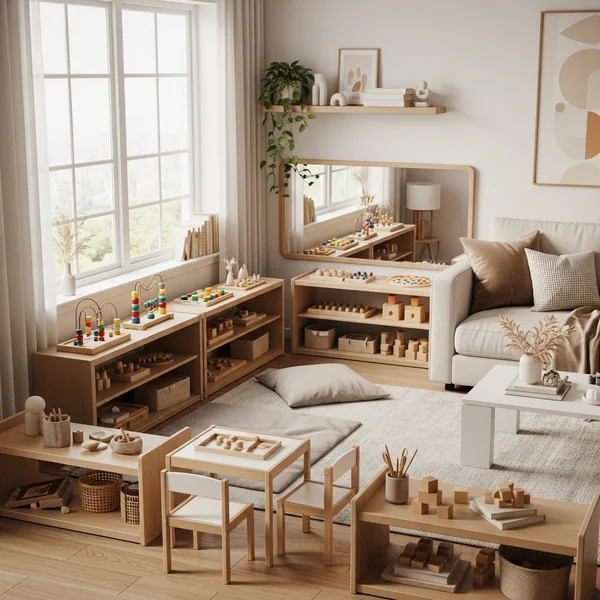 Montessori-Inspired Kids Play Corner With Low Shelving and Natural Light