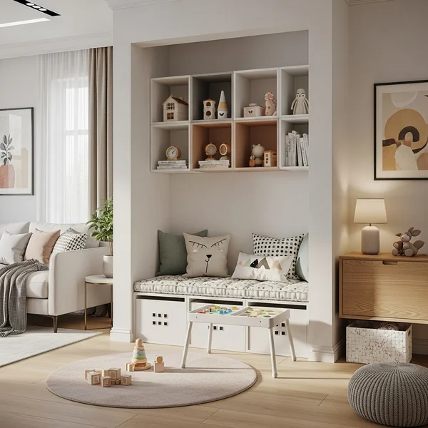 Small Corner Kids Play Area With Built-In Bench Storage