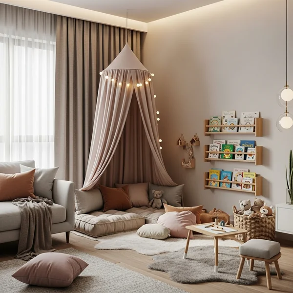 Corner Reading Nook Play Area With Canopy in the Living Room