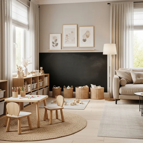 Stylish Neutral Kids Play Corner With Chalkboard Wall