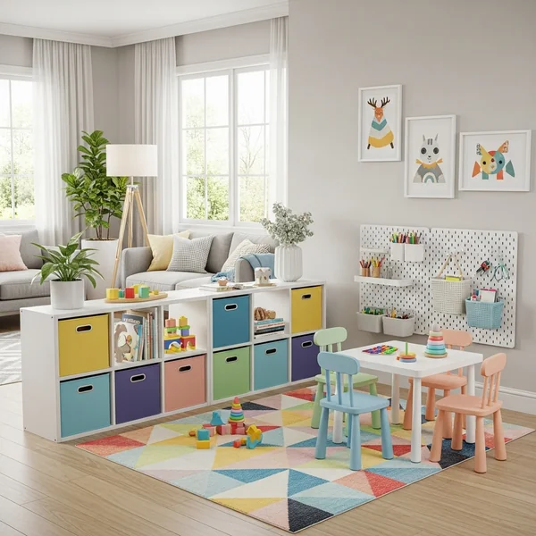 Kids Play Corner With Colorful Storage Cubes in a Bright Living Room