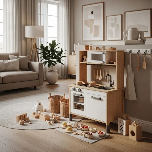 Elegant Kids Play Corner With Mini Wooden Kitchen Set