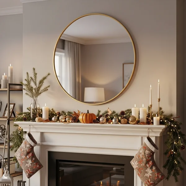 Seasonal Fireplace Mantel with Round Mirror