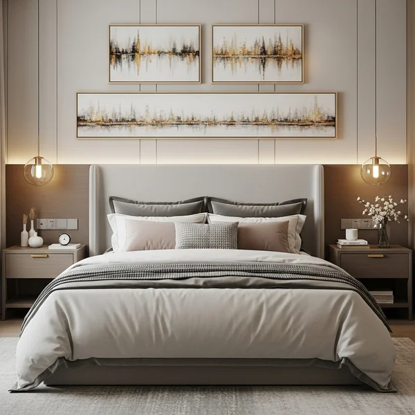 Balanced Wall Decor Above a Queen Bed (Proportional & Polished)