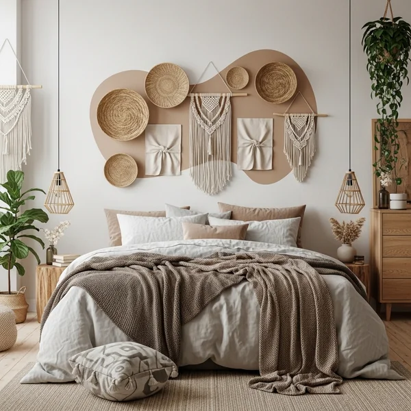 . Relaxed Boho-Cozy Decor Above the Bed (Soft & Natural Blend)