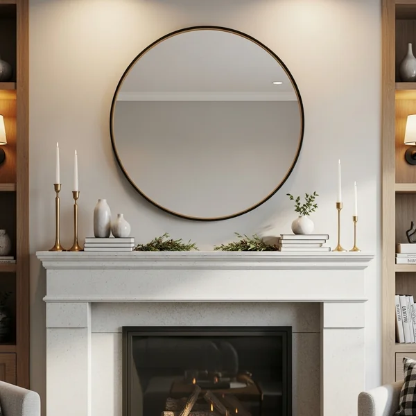 Fireplace Mantel with Centered Round Mirror