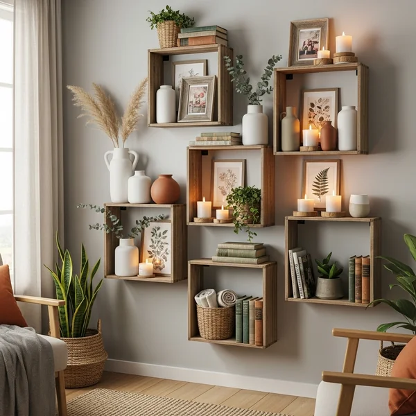 Warm Rustic Wood Shelf Styling