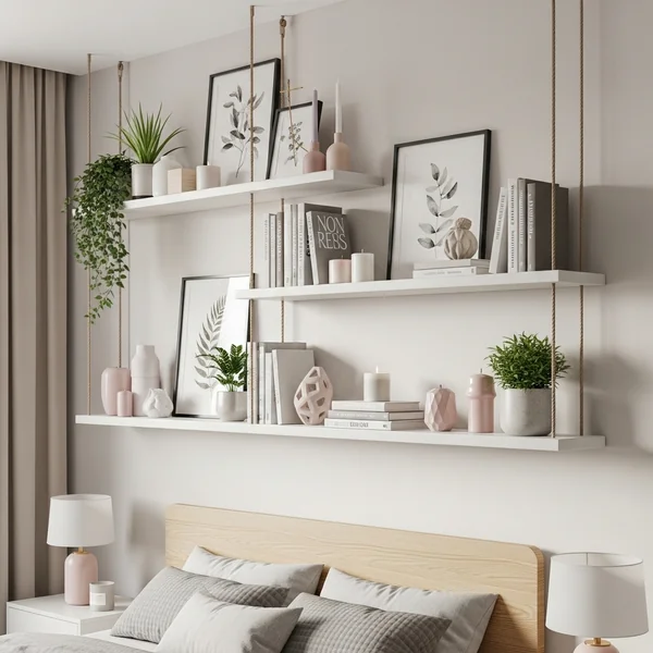 Minimal Hanging Bedroom Shelf Styling