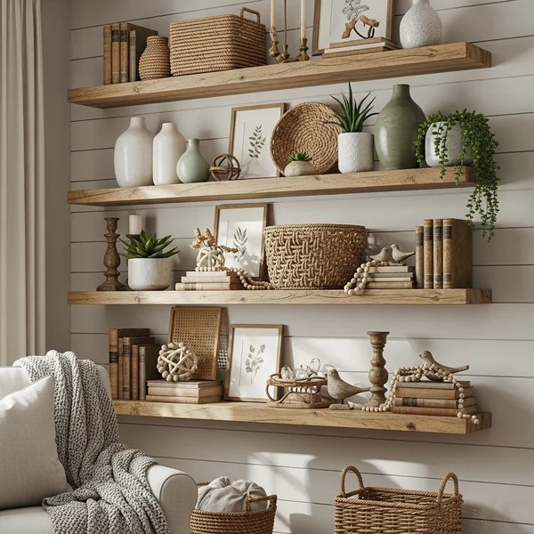 Cozy Farmhouse Wood Shelf Styling