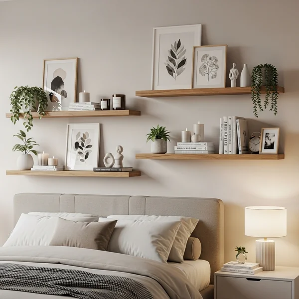 Cozy Bedroom Floating Shelf Styling