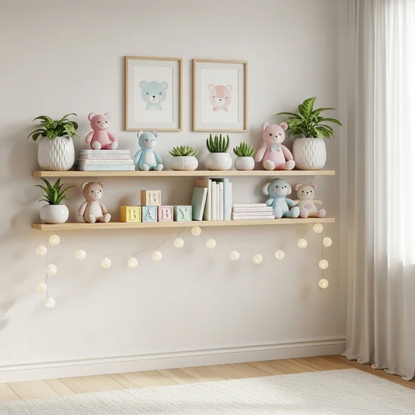Playful Nursery Pastel Shelf Styling