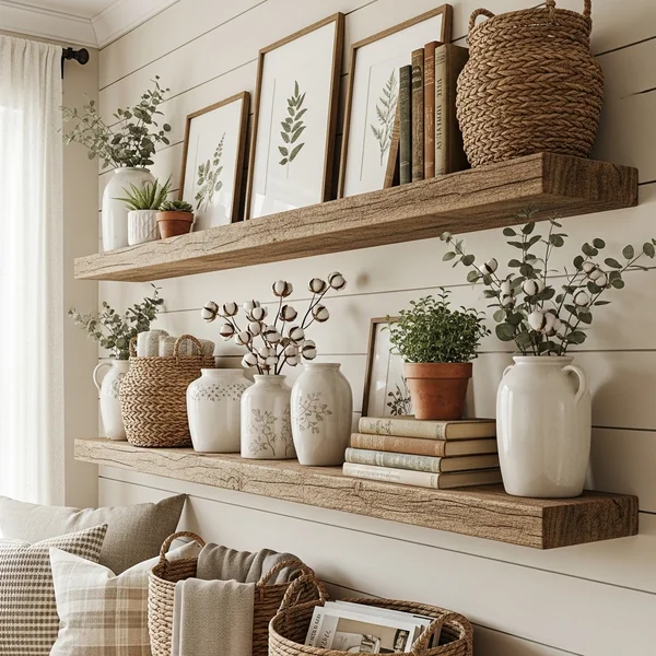 Warm Rustic Farmhouse Shelf Styling