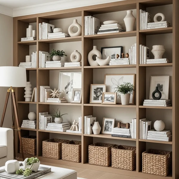 Layered Bookshelf Styling with Decor Accents