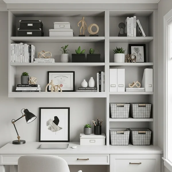 Clean & Professional Home Office Shelf Styling
