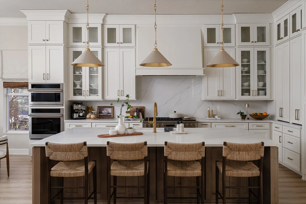 Elegant White Kitchen with Glass-Front Upper Cabinets