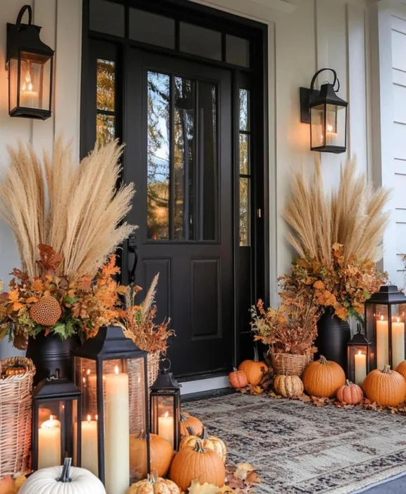 Dramatic Fall Front Porch with Pampas Grass & Lanterns