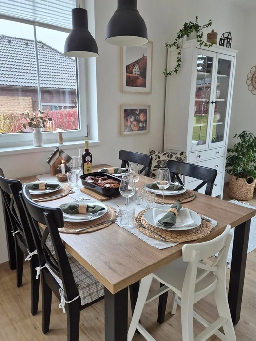 Scandinavian Kitchen Table with Woven Placemats & Green Napkins