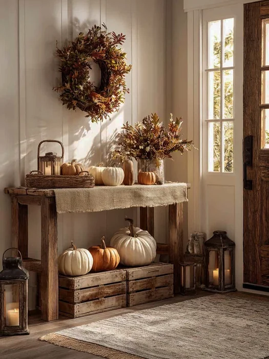 Rustic Fall Entryway Console Table with Wreath & Crates
