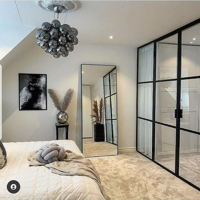 Black Framed Full Length Mirror in Modern Bedroom