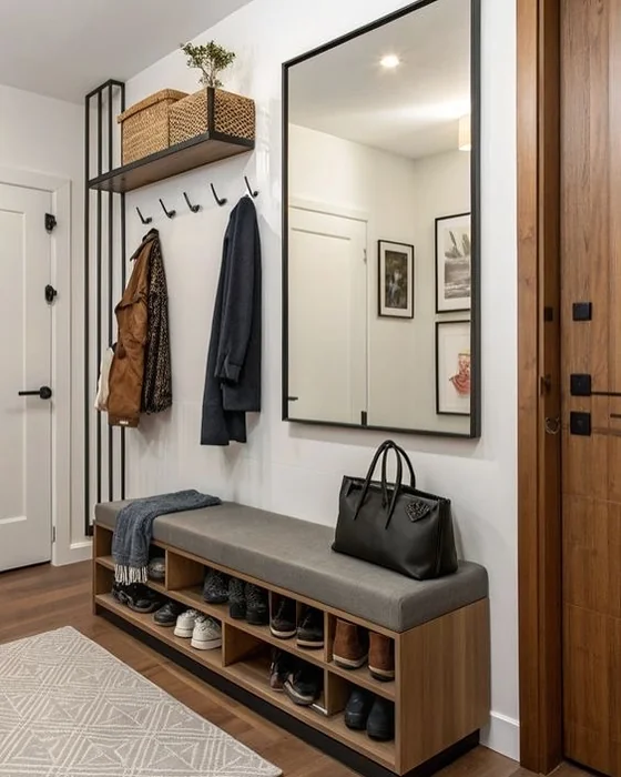 Small Entryway with Shoe Bench, Coat Hooks, and Large Mirror