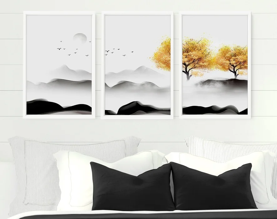 Three-Panel Nature Art Above Modern Bed