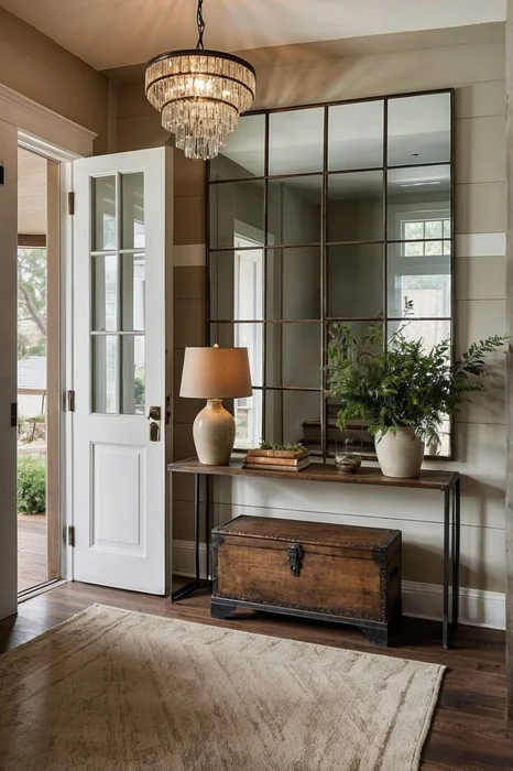 Farmhouse Entryway with Large Grid Mirror and Crystal Chandelier