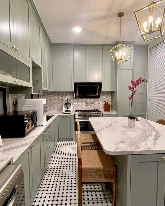 Sage Green Small Kitchen with Checkerboard Floor