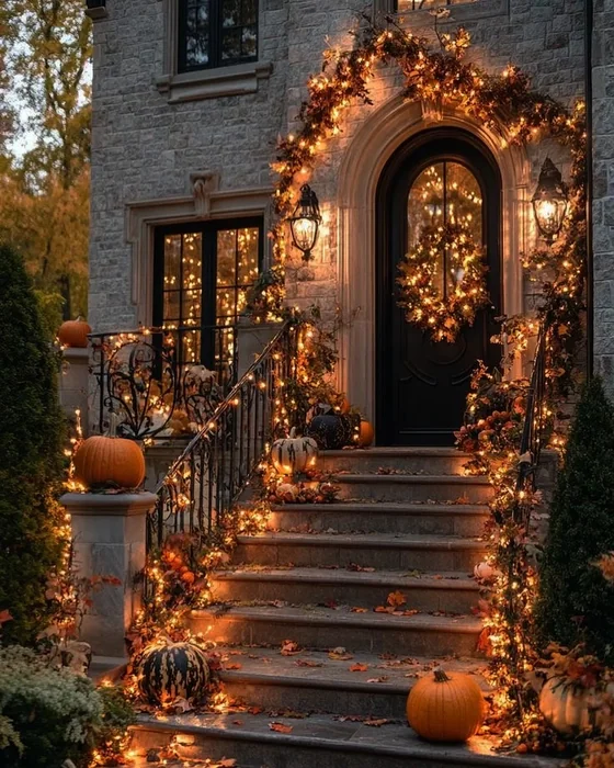 Enchanting Fall Exterior with Fairy Lights & Pumpkin Steps