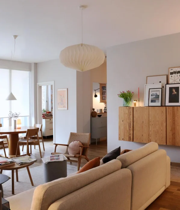 Scandinavian Apartment Living Room with Floating Frame Shelves