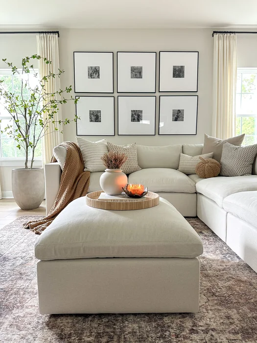 Minimalist Neutral Fall Living Room with Subtle Pumpkin Accents