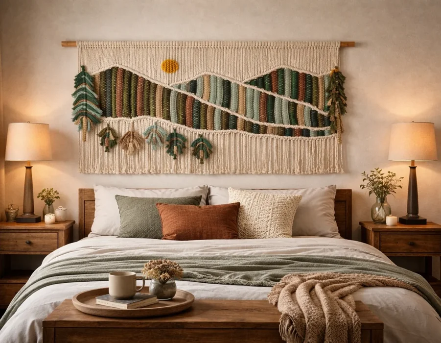 Colorful Macramé Mountain Tapestry Above Rustic Bed