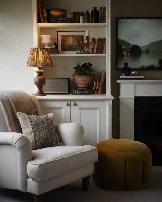 Classic Living Room Corner Shelf by Fireplace