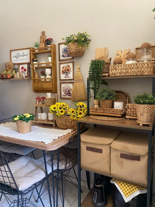 Boho Small Kitchen Table with Sunflowers & Wall Decor Shelving