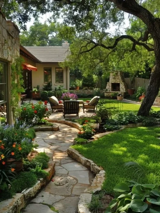 Lush Backyard Garden with Stone Path and Fireplace