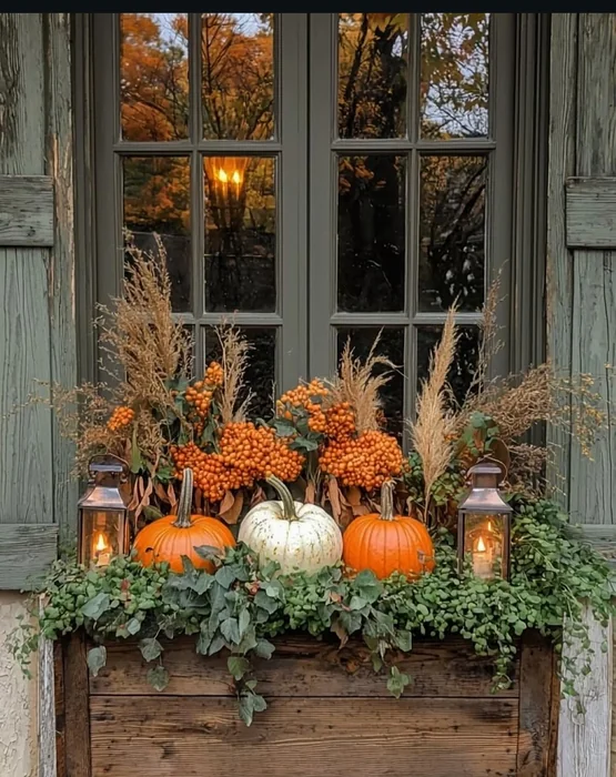 Rustic Fall Window Box with Pumpkins, Berries & Lanterns