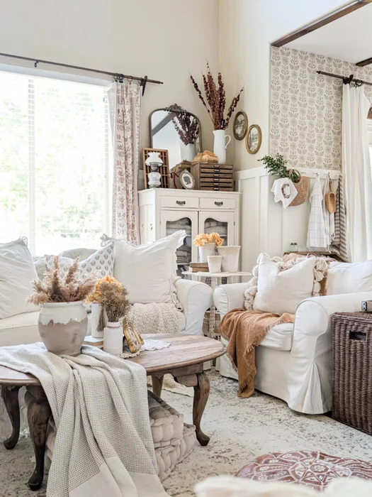 Vintage Farmhouse Fall Living Room with Dried Florals & White Furniture