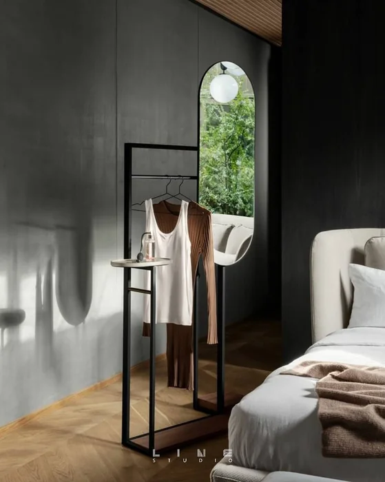 Arched Full Length Mirror with Built-In Clothing Rack