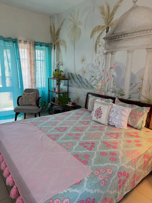 Indian Bedroom with Mughal Wall Mural and Block Print Bedding