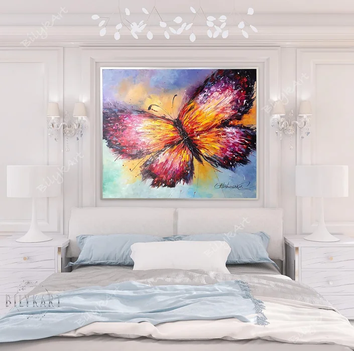 Bold Butterfly Oil Painting Above Luxury Bed