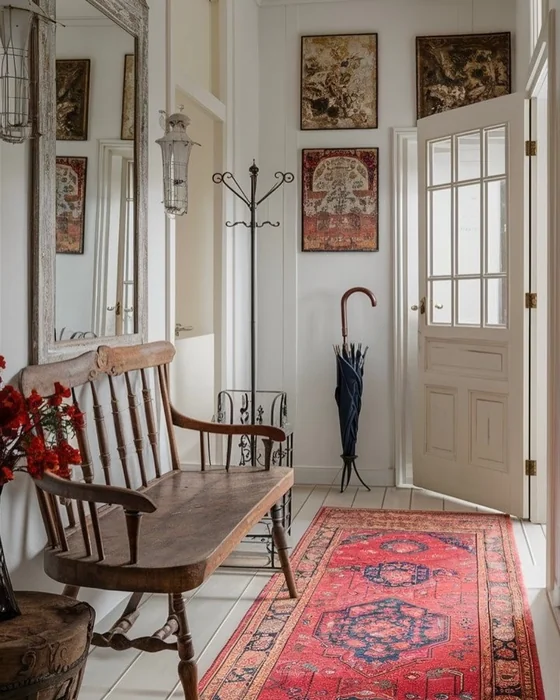 Vintage Entryway with Antique Bench, Red Persian Rug, and Coat Stand