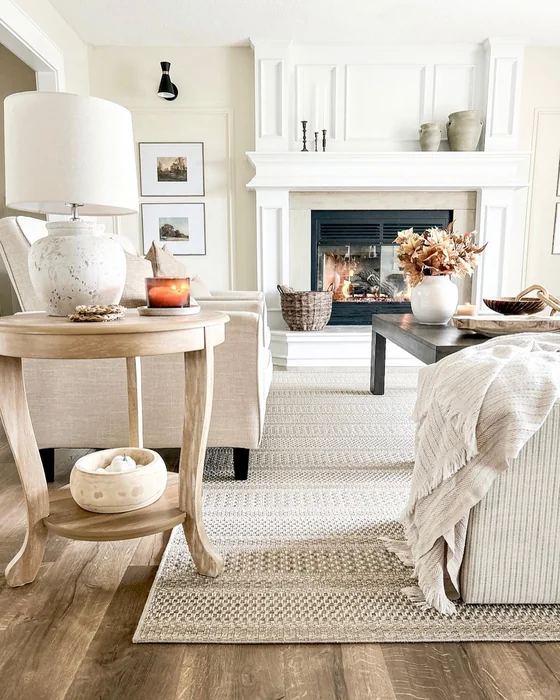 Simple Neutral Fall Living Room with Fireplace & Dried Stems