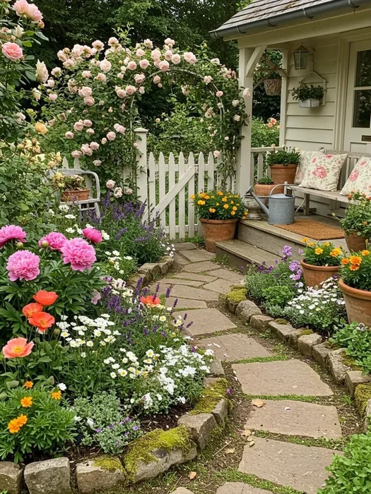 Cottage Garden with Rose Arch and Stone Path